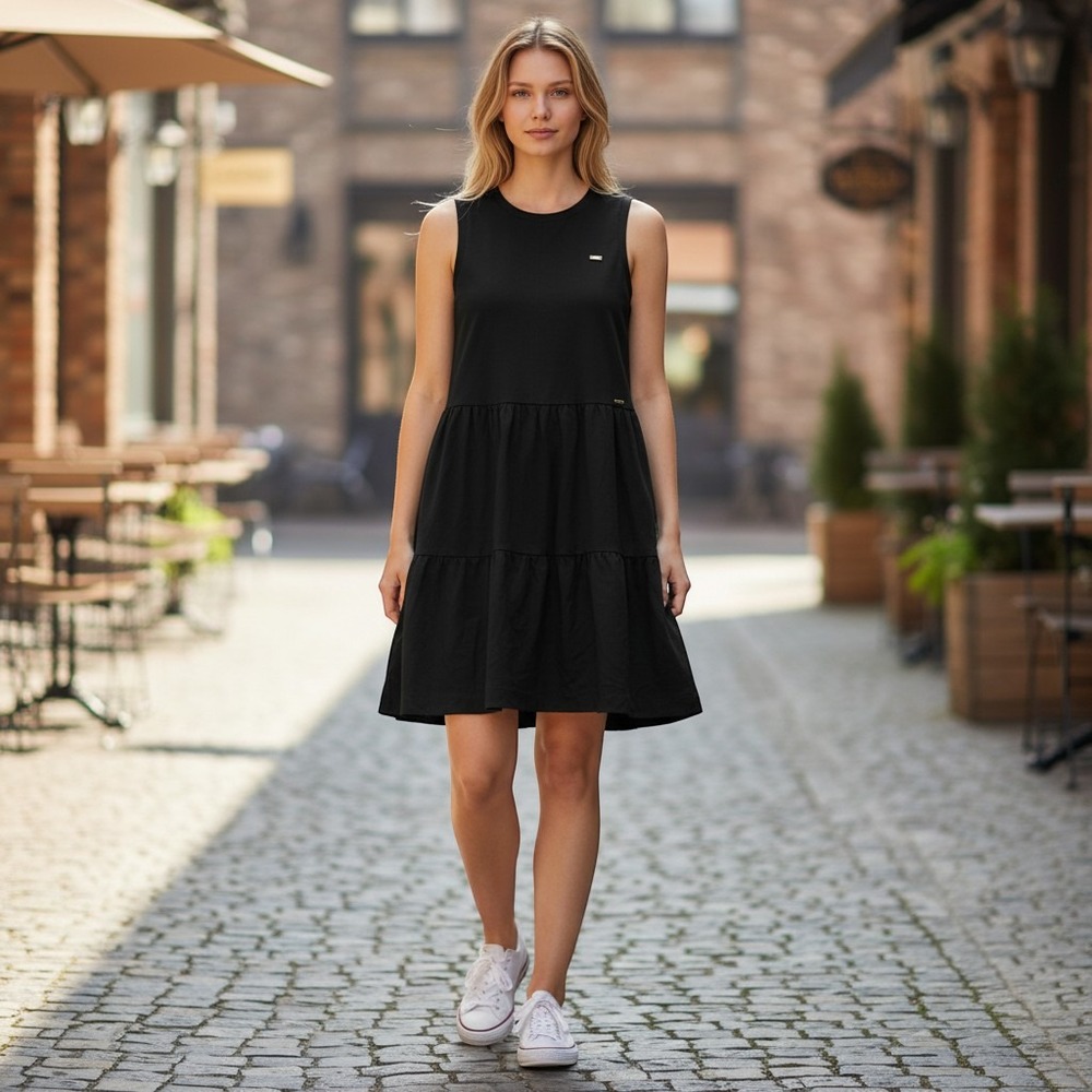DKNY Tiered Mini Dress Women's Small Black Sleeveless Crew Neck Pullover Logo